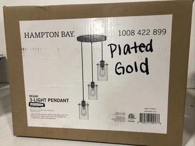 Hampton Bay Regan 3-Light Plated Gold Pendant Hanging Light Clear Glass New - Image 1 of 3