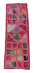 Indian Patchwork Table Runner Handmade Vintage Pink Embroidered with Sequins - Picture 1 of 8