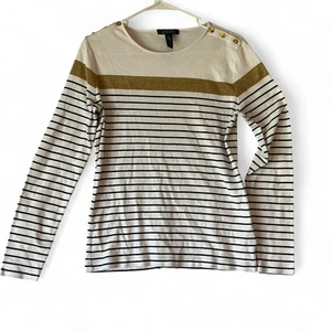 Lauren Ralph Lauren Top Damen XL gestreift weiß gold Baumwolle - Bild 1 von 7