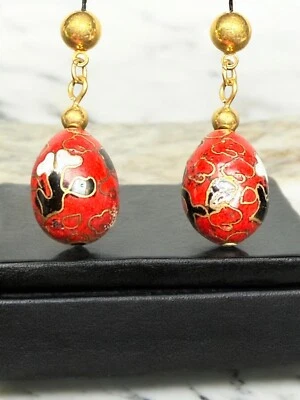 Pendiente perforado colgante floral rojo esmalte Cloisonne vintage Foto 1 de 4