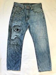 Hand Painted Levi's 505 Mens Jeans 32 x 30 Custom Denim Street Wear Bearded Man  - Picture 1 of 12