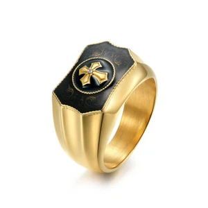 Crusader Knight Cross Ring Stainless Steel Black Enamel Luxury Vintage Ring Gold - Picture 1 of 6