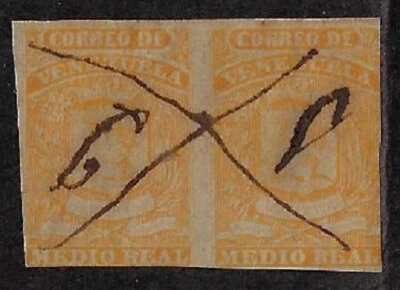 Venezuela: 1859; Scott 001, pair with pen cancel, yellow, average edges, EBV690 - Image 1 of 2