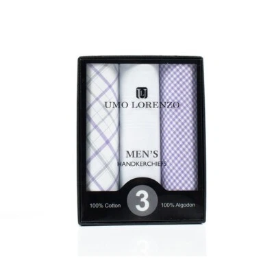 Umo Lorenzo Men's Handkerchiefs 3 Pack Boxed Set Purple Colors 100% Cotton NEW - Image 1 of 3