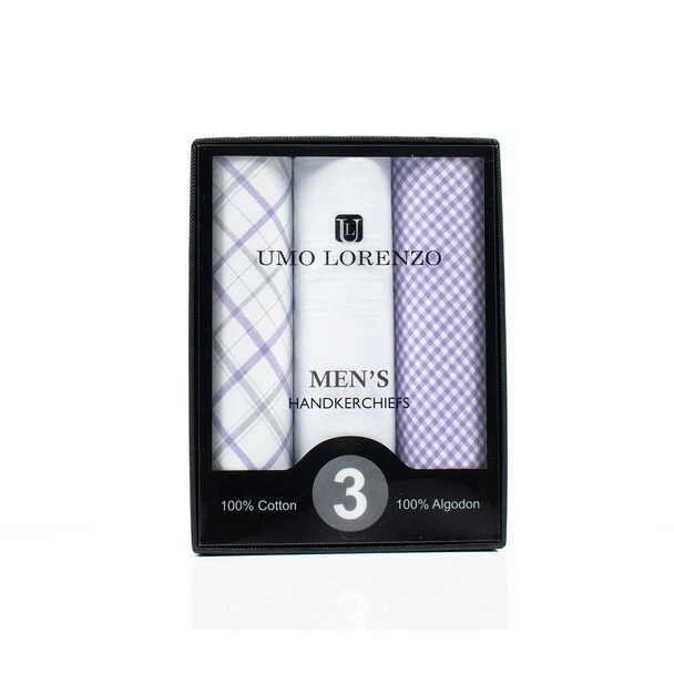 Umo Lorenzo Men's Handkerchiefs 3 Pack Boxed Set Purple Colors 100% Cotton NEW - Image 1 of 3