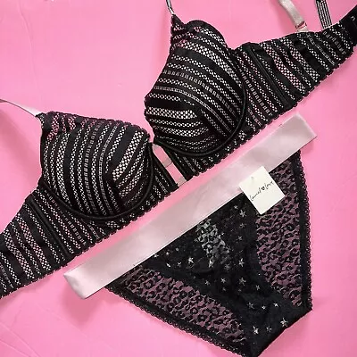 Victoria's Secret 32DD SUJETADOR CONJUNTO M Panty Negro Rosa Encaje Red Estrellas Brillantes Foto 1 de 4