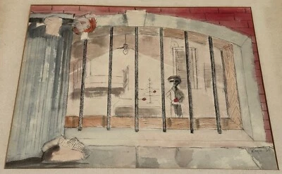 Pintura acuarela figurativa vintage años 60 mediados de siglo arte moderno firmado enmarcado Foto 1 de 4