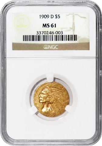 1909 D $5 Indian Head Half Eagle Gold NGC MS61 Uncirculated Coin Cover