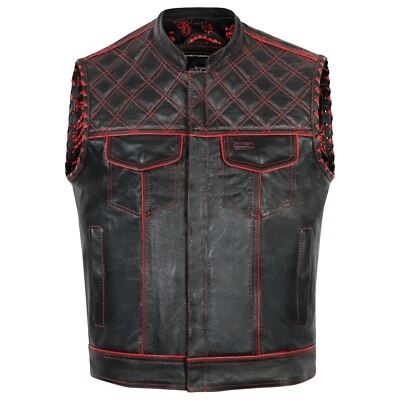 Men's Black Leather Vest Diamond Motorbike Motorcycle Concealed Red Waistcoat - Изображение 1 из 4