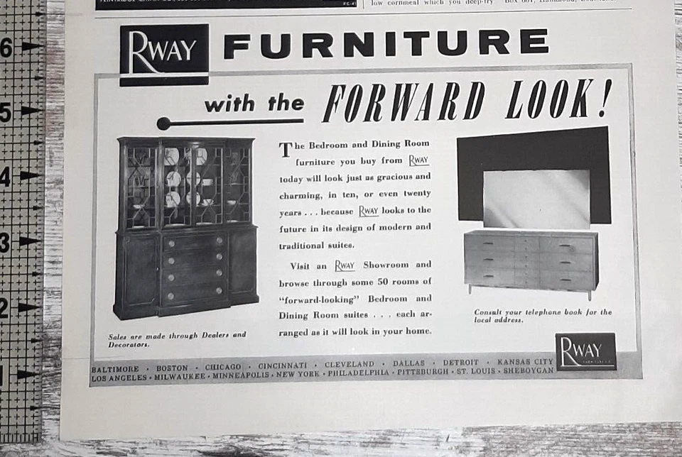 Muebles Rway 1955 anuncio impreso vintage dormitorio comedor MCM tradicional adelante Foto 1 de 1