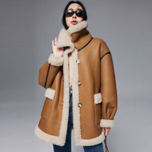 100% Wool Fur Linng Coat Women's Luxury Thickened Lamb Fur Jackets Button Parka