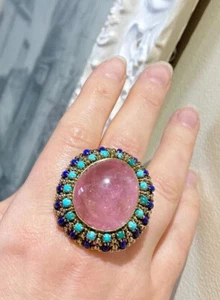 !Huge! 14k Victorian Tourmaline Ring Turquoise ring Seed Halo Ring - Picture 1 of 15