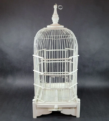 Vintage Victorian Style White Bird Cage wood and metal with removable tray 24" Cover