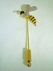 BEE STICK PIN WITH CUBIC ZIRCONIA AND BLACK AND YELLOW ENAMEL IN YELLOW BRASS - Picture 1 of 9