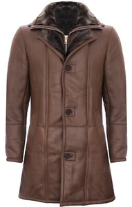 Herren warmbraun Nappaleder Shearling Lammfell Trench Pilot Jacke Mantel  - Bild 1 von 6