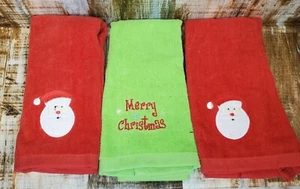 3 Piece 100% cotton Embroidered hand towel set Merry Christmas Santa Red Green - Picture 1 of 3