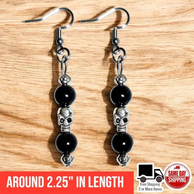 Black Onyx Skull Stainless Steel French Hook Dangle Drop Down Earrings - Image 1 of 3