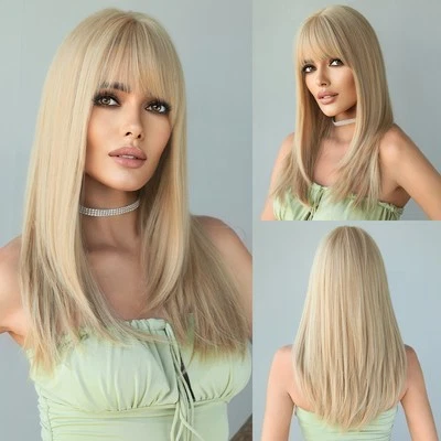 Parrucche da Vestire With Bangs Biondo Chiaro Long Straight Capelli Finti Resistenti al Calore - Immagine 1 di 4