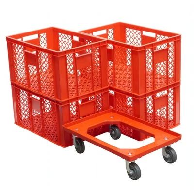 LOGIPLAST 4 Stück Bäckerkisten / Brotkisten 600 x 400 x 320 mm + 1 Transportroller in Rot