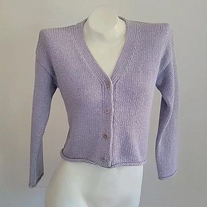 Eileen Fisher Cropped Knit Button Up V Neck Cardigan PP Lavender Drop Shoulder - Picture 1 of 16