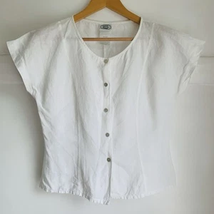 VINTAGE Laura Ashley 100% Pure Linen Blouse Shirt Womens 12 White Short Sleeve - Picture 1 of 8