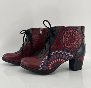 L' Artiste Spring Step KATSURA Red Leather Zip/Lace Up Ankle Boots US 6.5-7 - Picture 1 of 10