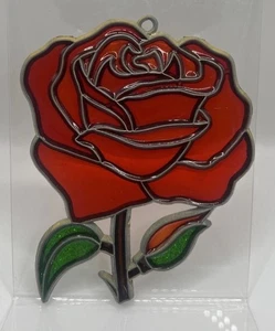 Vintage rote Rose Buntglas Sonnenfänger Fensterdekoration 4,75" Floral - Bild 1 von 4