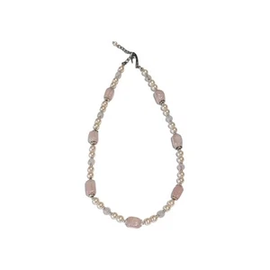 Handmade Natural Rose Quartz Faux Pearl Silver Plated 16-18" Necklace - Picture 1 of 5
