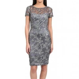 Sue Wong Nocturne Size 8 Short Sleeve Sheath Silver Sequin Cocktail Dress - Picture 1 of 13