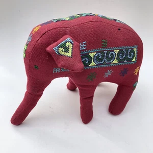 Folk Art Fabric Elephant Embroidered Red Canvas Stuffed Animal Small Vintage - Picture 1 of 8