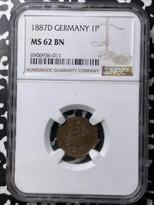 1887-D Germany 1 Pfennig NGC MS62BN Lot#G8748 Nice UNC! - Picture 1 of 3