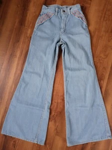 Vintage 70s You Babes Brand Light Blue with Orange Stitching Bell Bottom Jeans - Picture 1 of 12