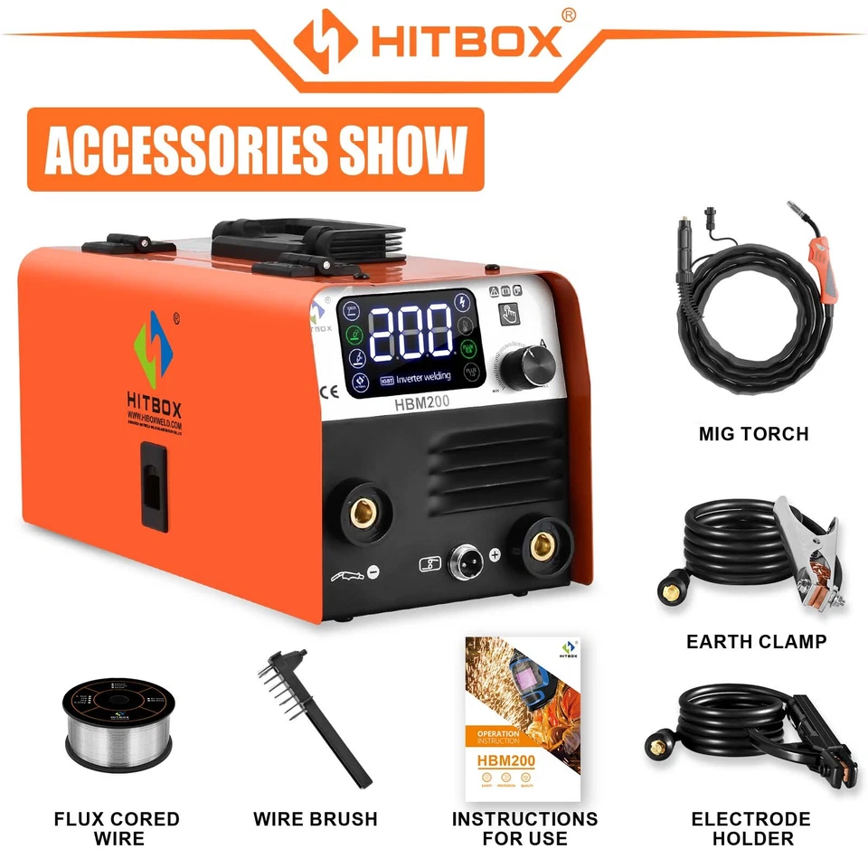 HITBOX IGBT Inverter Mig Welder 2in1 MMA DC 200amp Gasless Mig Welder 220V