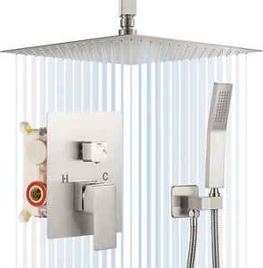 Shower Faucet Set Brushed Nickel 12" Rain Shower Head Combo System w/Mixer Valve - Picture 1 of 7