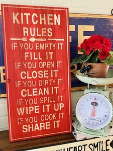 “Kitchen Rules” Red Solid Wood Carved Rectangular Wall Sign 23x12 (New) - Picture 1 of 11