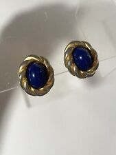 Vtg Stannard Signed Gold Tone Chunky Rope Twist Blue Art Glass Cabochon Earrings