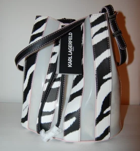 KARL LAGERFELD PARIS ADELE WHITE BLACK ZEBRA PRINT NOVELTY BUCKET BAG PURSE NWT - Picture 1 of 9