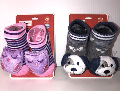 Animal Socks 0-12 months Infants-Gray Puppies And Pink And Purple Owls - Image 1 of 4