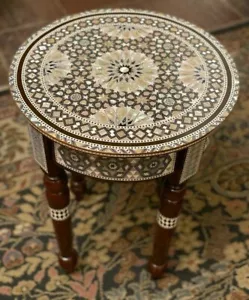 Handmade Wooden End Table Carving Wood Table Home Decor Mother of Pearl Inlay - Picture 1 of 9