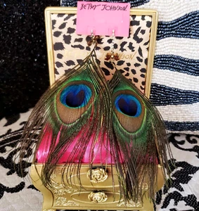 Vintage Betsey Johnson Y2K Morocco Adventure 7" Huge Peacock Feather Earrings - Picture 1 of 5