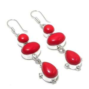 Red Coral Gemstone Handmade 925 Sterling Silver Jewelry Earring Size 2.50" - Picture 1 of 1
