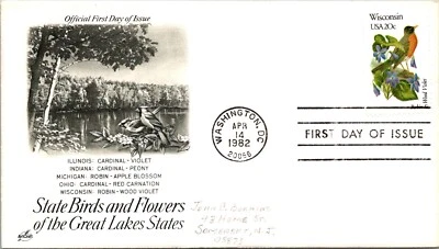 FDC 1982 SC #2002b Artcraft, Robin & Wood Violet - DC Cancel - Single - J5317 - Image 1 of 2
