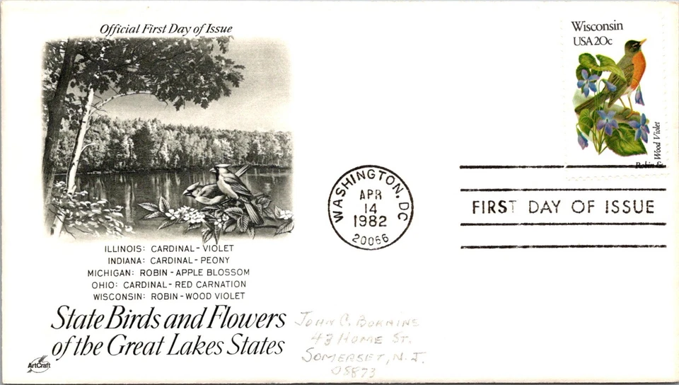 FDC 1982 SC #2002b Artcraft, Robin & Wood Violet - DC Cancel - Single - J5317 - Image 1 of 2