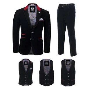 Mens Black Velvet Vintage 3 Piece Suit Blazer Waistcoat Trouser, Sold Separately - Picture 1 of 24