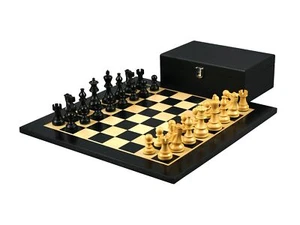 Ebony Chess Set 16 Inch With Flat Chess Board and Weighted Ebonised Classic Stau - Picture 1 of 9