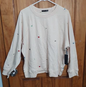 Black Tape Womens Sweatshirt 1X Beige Floral Embroidered Crewneck Cotton - Picture 1 of 7