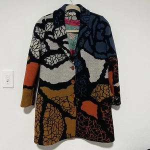 Ivko Womens 40 Wool Coat Stained Glass Mosaic Pattern Orange Blue Gray Geometric - Picture 1 of 8