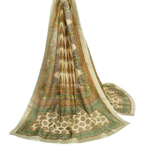Sushila Vintage Beige Scrap Dupatta Pure Silk Printed Antique Long Stole Hijab - Picture 1 of 10