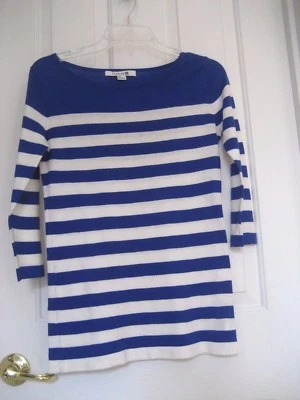 NEW S Blue Striped SWEATER TUNIC TOP Nautical Fine Knit Cotton Boat BRETON 3/4 - Image 1 of 4