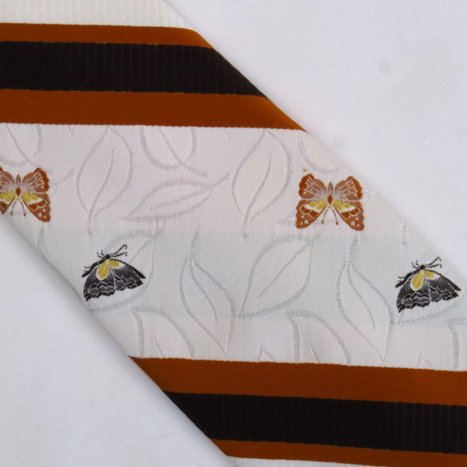 Leonardo Mens Neck Tie Striped Butterfly Print Yellow Orange Brown Retro 57x4 - Image 1 of 4